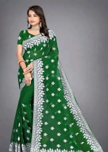 DESIGNER HEAVY FAUX GEORGETTE EMBRIDORRY WORK SAREE WITH UNSTITCHED BLOUSE GREEN