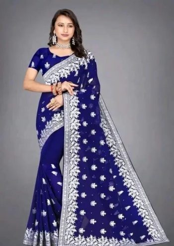 DESIGNER HEAVY FAUX GEORGETTE EMBRIDORRY WORK SAREE WITH UNSTITCHED BLOUSE BLUE
