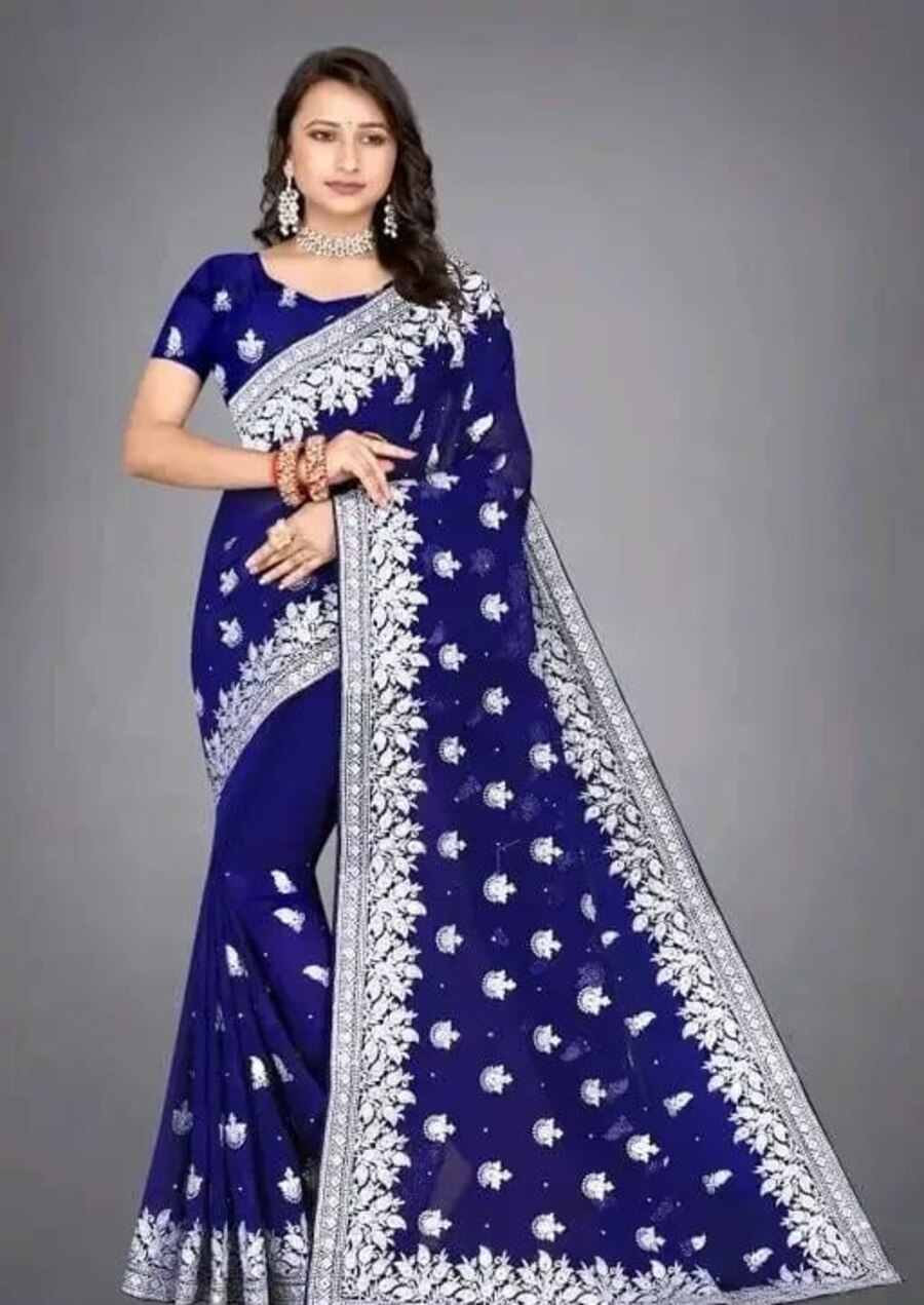 DESIGNER HEAVY FAUX GEORGETTE EMBRIDORRY WORK SAREE WITH UNSTITCHED BLOUSE WEDING WEAR WHOLESALE PRICE ETHNIC GARMENT (8)