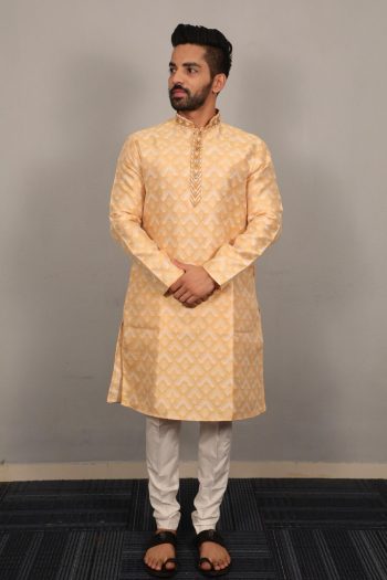 DESIGNER JACQUARD THREAD EMBROIDERY WORK KURTA PAYJAMA YELLOW