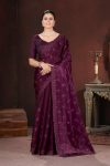 DESIGNER JIMMY CHOO SILK SEQUENCE WORK WITH CROSS STITCH EMBROIDERY & CUTWORK BORDER SAREE WITH UNSTITCHED BLOUSE WINE