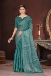 DESIGNER JIMMY CHOO SILK SEQUENCE WORK WITH CROSS STITCH EMBROIDERY & CUTWORK BORDER SAREE WITH UNSTITCHED BLOUSE GREEN