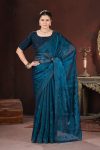 DESIGNER JIMMY CHOO SILK SEQUENCE WORK WITH CROSS STITCH EMBROIDERY & CUTWORK BORDER SAREE WITH UNSTITCHED BLOUSE TEAL