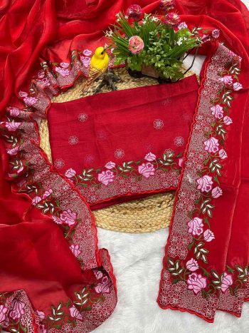 DESIGNER JIMMY CHOO THREAD EMBROIDERY WORK WITH CUTWORK BORDER WORK SAREE WITH UNSTITCHED BLOUSE RED