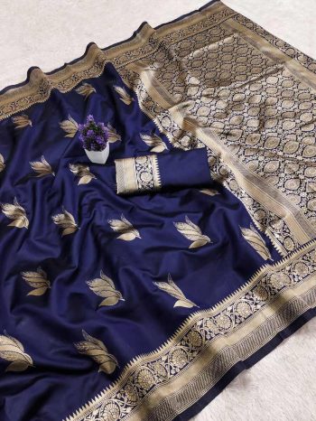 DESIGNER LICHI SILK BANARASI SAREE WITH UNSTITCHED BLOUSE BLUE
