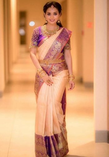 DESIGNER LICHI SILK JACQUARD WORK SAREE WITH UNSTITCHED BLOUSE PEACH