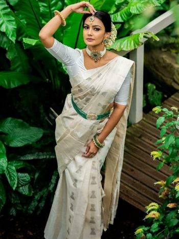 DESIGNER LICHI SILK JACQUARD WORK SAREE WITH UNSTITCHED BLOUSE WHITE