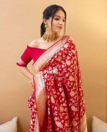 DESIGNER LICHI SILK JACQUARD WORK SAREE WITH UNSTITCHED BLOUSE RED