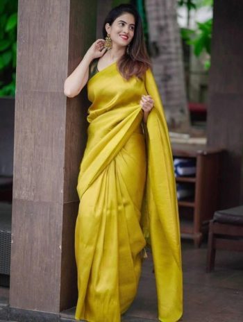 ATTRACTIVE LICHI SILK JACQUARD WORK SAREE WITH UNSTITCHED BLOUSE LEMON
