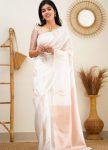 DESIGNER LICHI SILK JACQUARD WORK SAREE WITH UNSTITCHED BLOUSE OFF WHITE