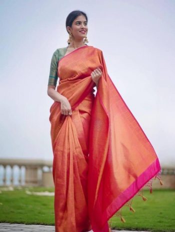 ATTRACTIVE LICHI SILK JACQUARD WORK SAREE WITH UNSTITCHED BLOUSE RED