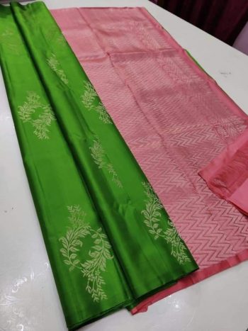 DESIGNER LICHI SILK JACQUARD WORK SAREE WITH UNSTITCHED BLOUSE PARROT GREEN