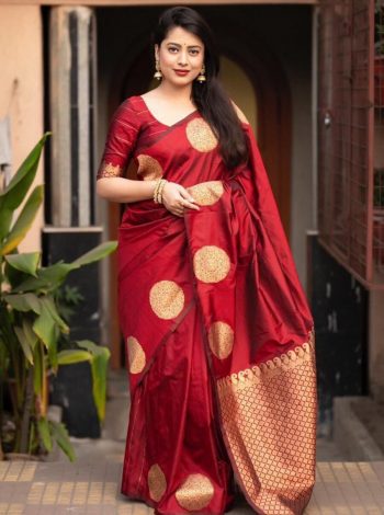 DESIGNER LICHI SILK JACQUARD WORK SAREE WITH UNSTITCHED BLOUSE RED