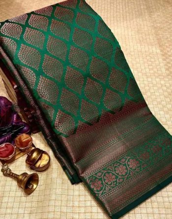 DESIGNER LICHI SILK JACQUARD WORK SAREE WITH UNSTITCHED BLOUSE GREEN