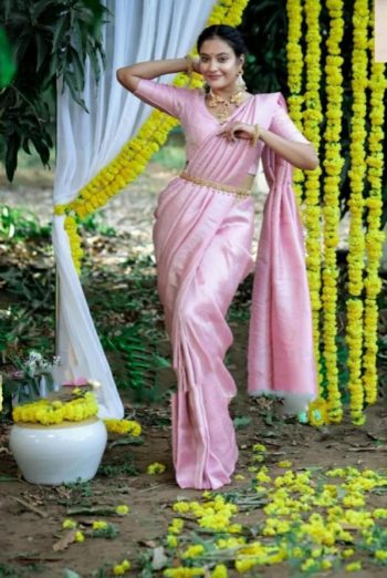DESIGNER LICHI SILK JACQUARD WORK SAREE WITH UNSTITCHED BLOUSE BABY PINK