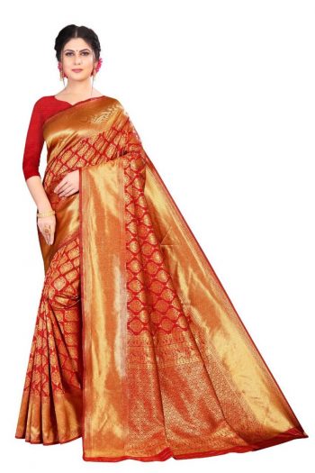 DESIGNER LICHI SILK JACQUARD WORK  SAREE WITH UNSTITCHED BLOUSE RED