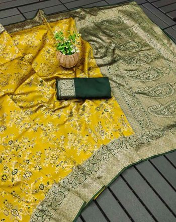 DESIGNER LICHI SILK JACQUARD WORK SAREE WITH UNSTITCHED BLOUSE LEMON