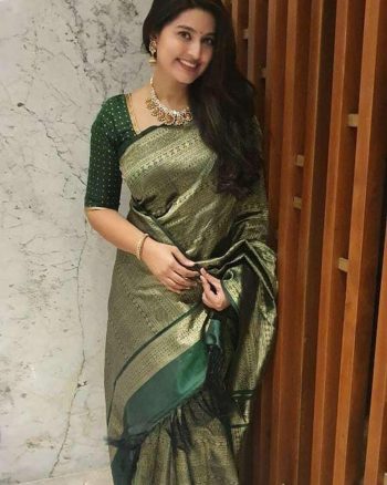 DESIGNER LICHI SILK JACQUARD WORK SAREE WITH UNSTITCHED BLOUSE GREEN