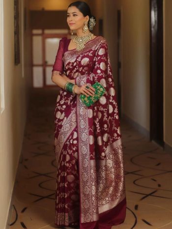 DESIGNER LICHI SILK JACQUARD WORK SAREE WITH UNSTITCHED BLOUSE MAROON