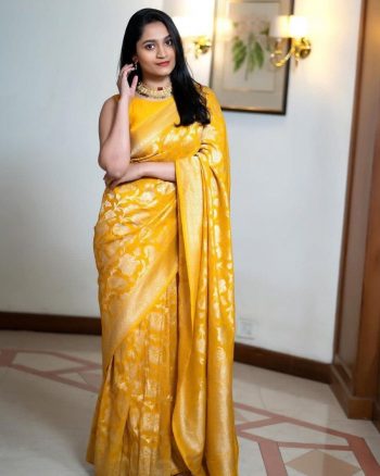 DESIGNER LICHI WORK JACQUARD WORK SAREE WITH UNSTITCHED BLOUSE YELLOW