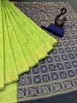 DESIGNER LICHI WORK WEAVING WORK SAREE WITH UNSTITCHED BLOUSE PARROT GREEN