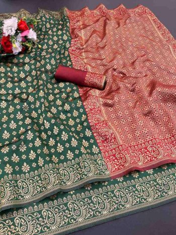 DESIGNER LICHI WORK WEAVING WORK SAREE WITH UNSTITCHED BLOUSE GREEN