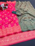 DESIGNER LICHI WORK WEAVING WORK SAREE WITH UNSTITCHED BLOUSE PINK