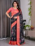 DESIGNER LINEN DIGITAL FLORAL PRINT RICH ZARI WOVEN BORDERS WORK SAREE WITH UNSTITCHED BLOUSE BLACK