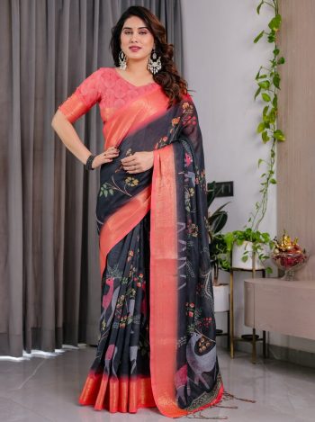 DESIGNER LINEN DIGITAL FLORAL PRINT RICH ZARI WOVEN BORDERS WORK SAREE WITH UNSTITCHED BLOUSE BLACK