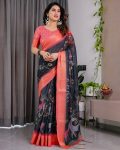 DESIGNER LINEN DIGITAL FLORAL PRINT RICH ZARI WOVEN BORDERS WORK SAREE WITH UNSTITCHED BLOUSE CASUAL WEAR WHOLESALE PRICE ETHNIC GARMENT (2)