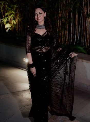 DESIGNER MONO NET MULTI EMBROIDERY WORK SAREE WITH UNSTITCHED BLOUSE BLACK