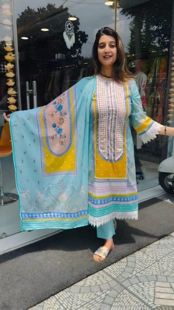 DESIGNER MUSLIN COTTON DIGITAL PRINT WITH REAL MIRROR WITH DIAMOND HANDWORK TOP BOTTOM WITH DUPATTA SKY