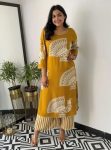DESIGNER MUSLIN COTTON PRINTED WORK TOP BOTTOM SET YELLOW