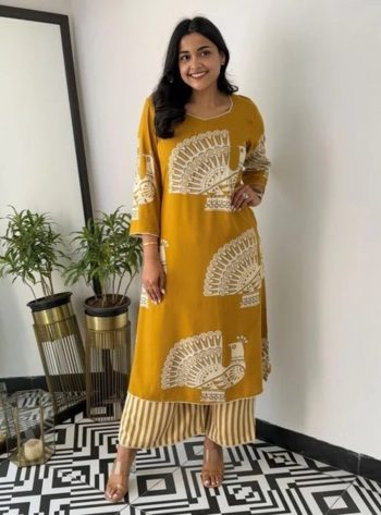 DESIGNER MUSLIN COTTON PRINTED WORK TOP BOTTOM SET YELLOW
