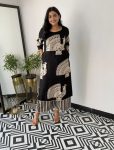DESIGNER MUSLIN COTTON PRINTED WORK TOP BOTTOM SET BLACK