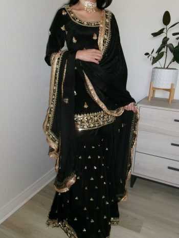 DESIGNER NATURAL CREPE EMBROIDERY SEQUENCE  WORK TOP SHARARA WITH DUPATTA BLACK