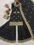 DESIGNER NATURAL CREPE EMBROIDERY SEQUENCE WORK TOP SHARARA WITH DUPATTA FESTIVE WEAR WHOLESALE PRICE ETHNIC GARMENT (4)
