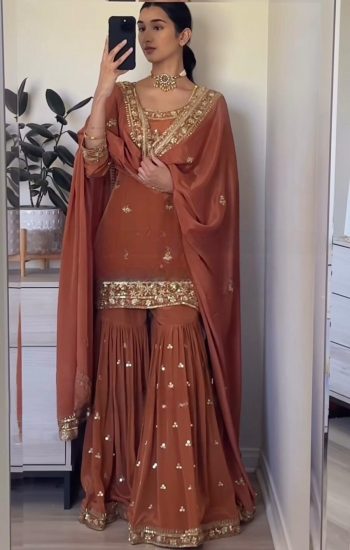 DESIGNER NATURAL CREPE EMBROIDERY SEQUENCE  WORK TOP SHARARA WITH DUPATTA ORANGE