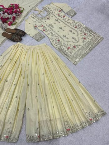 DESIGNER NATURAL CREPE SEQUENCE EMBROIDERY WORK TOP PALAZZO WITH DUPATTA  OFF WHITE
