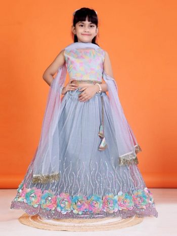 DESIGNER NET SEQUENCE WORK AND FLOWERS WORK KID'S LEHENGA CHOLI WITH DUPATTA GREY