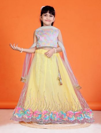 DESIGNER NET SEQUENCE WORK AND FLOWERS WORK KID'S LEHENGA CHOLI WITH DUPATTA YELLOW