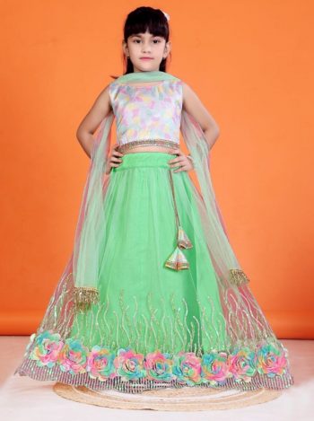 DESIGNER NET SEQUENCE WORK AND FLOWERS WORK KID'S LEHENGA CHOLI WITH DUPATTA GREEN