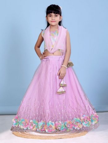 DESIGNER NET SEQUENCE WORK AND FLOWERS WORK KID'S LEHENGA CHOLI WITH DUPATTA LAVENDER