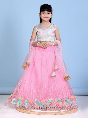 DESIGNER NET SEQUENCE WORK AND FLOWERS WORK KID'S LEHENGA CHOLI WITH DUPATTA BABY PINK