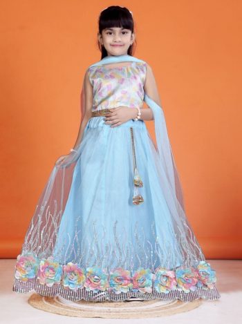 DESIGNER NET SEQUENCE WORK AND FLOWERS WORK KID'S LEHENGA CHOLI WITH DUPATTA SKY