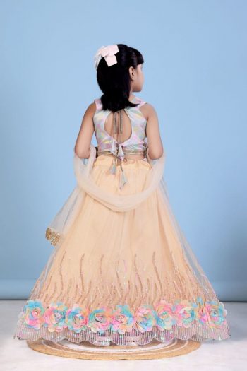 DESIGNER NET SEQUENCE WORK AND FLOWERS WORK KID'S LEHENGA CHOLI WITH DUPATTA CREAM