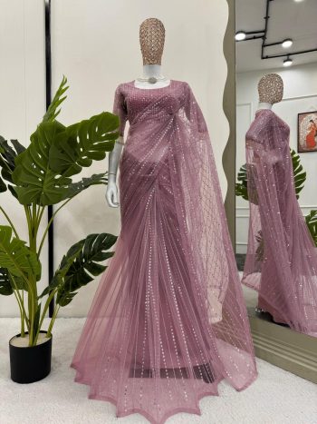 DESIGNER NET SEQUENCE WORK SAREE WITH UNSTITCHED BLOUSE BABY PINK