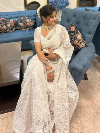 DESIGNER ORGANZA EMBROIDERY THREAD AND SEQUENCE WORK SAREE WITH UNSTITCHED BLOUSE WHITE