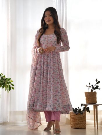 DESIGNER ORGANZA FLORAL PRINT WORK ANARKALI GOWN BOTTOM WITH DUPATTA BABY PINK