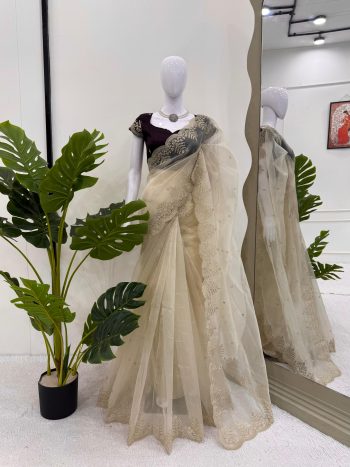 DESIGNER ORGANZA SILK CODING DORI WORK SAREE WITH UNSTITCHED BLOUSE WHITE